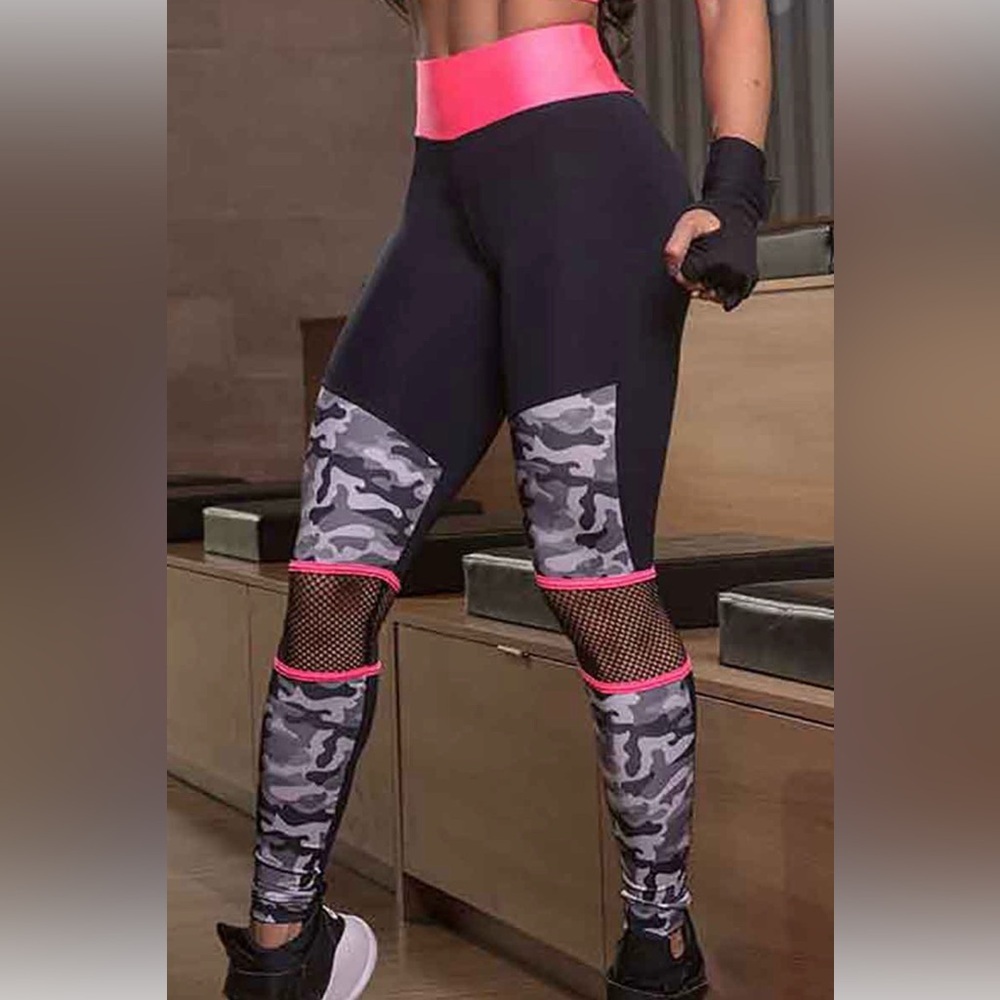 Hipkini Brazil Camouflage Fishnet Mesh Workout Luxury Leggings Neon Pink